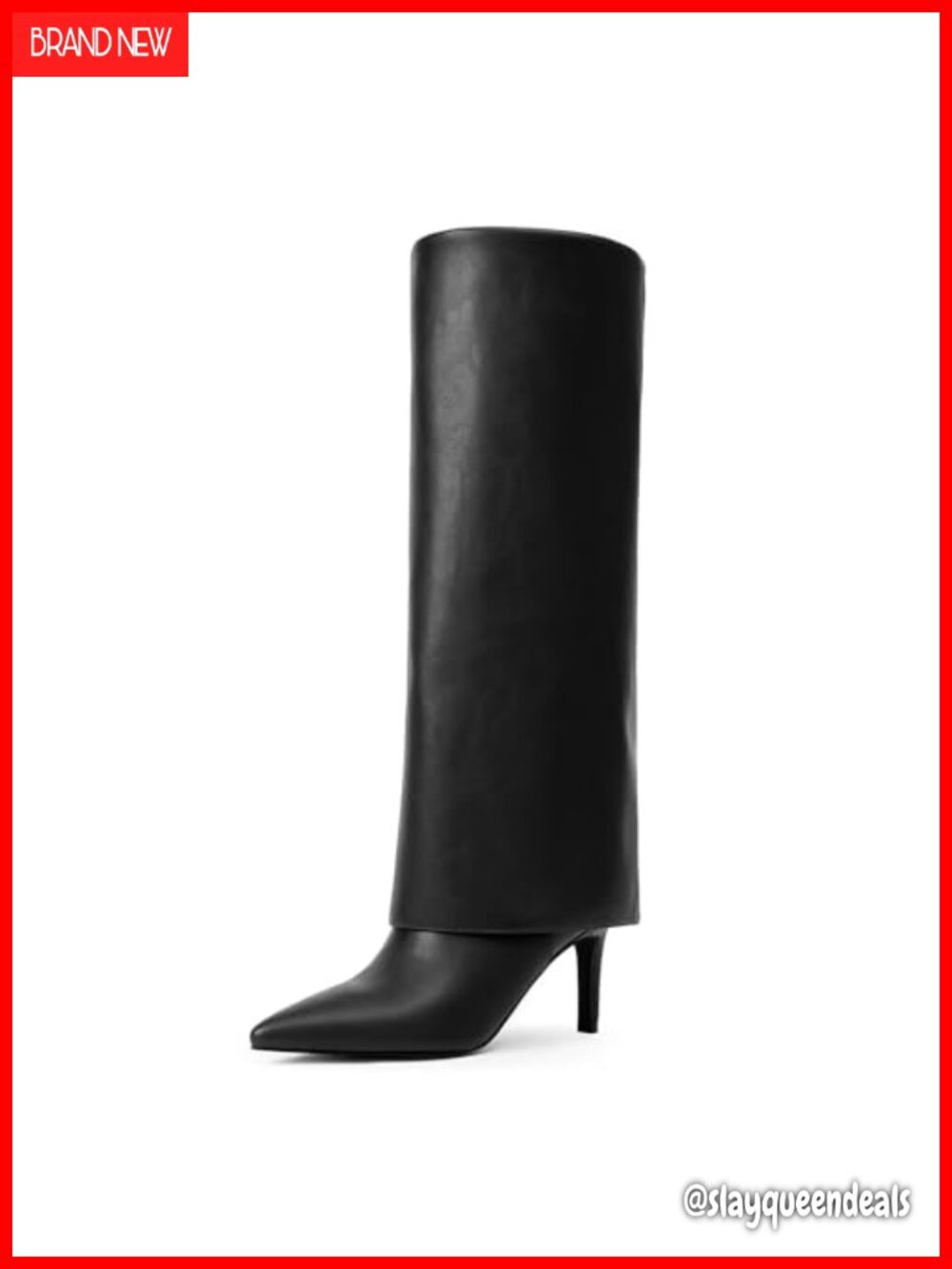 Fold Over Knee High Boots Pointed Toe Stiletto Heel Faux Leather